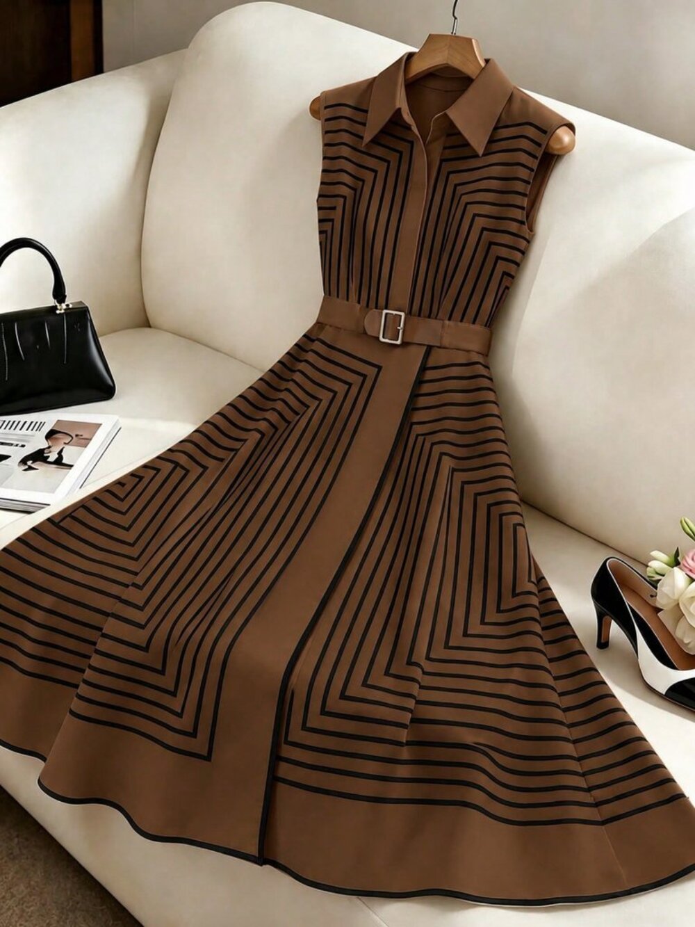 Brown Casual Women's Geometric Striped Sleeveless Shirt Dress - Picture 2 of 6
